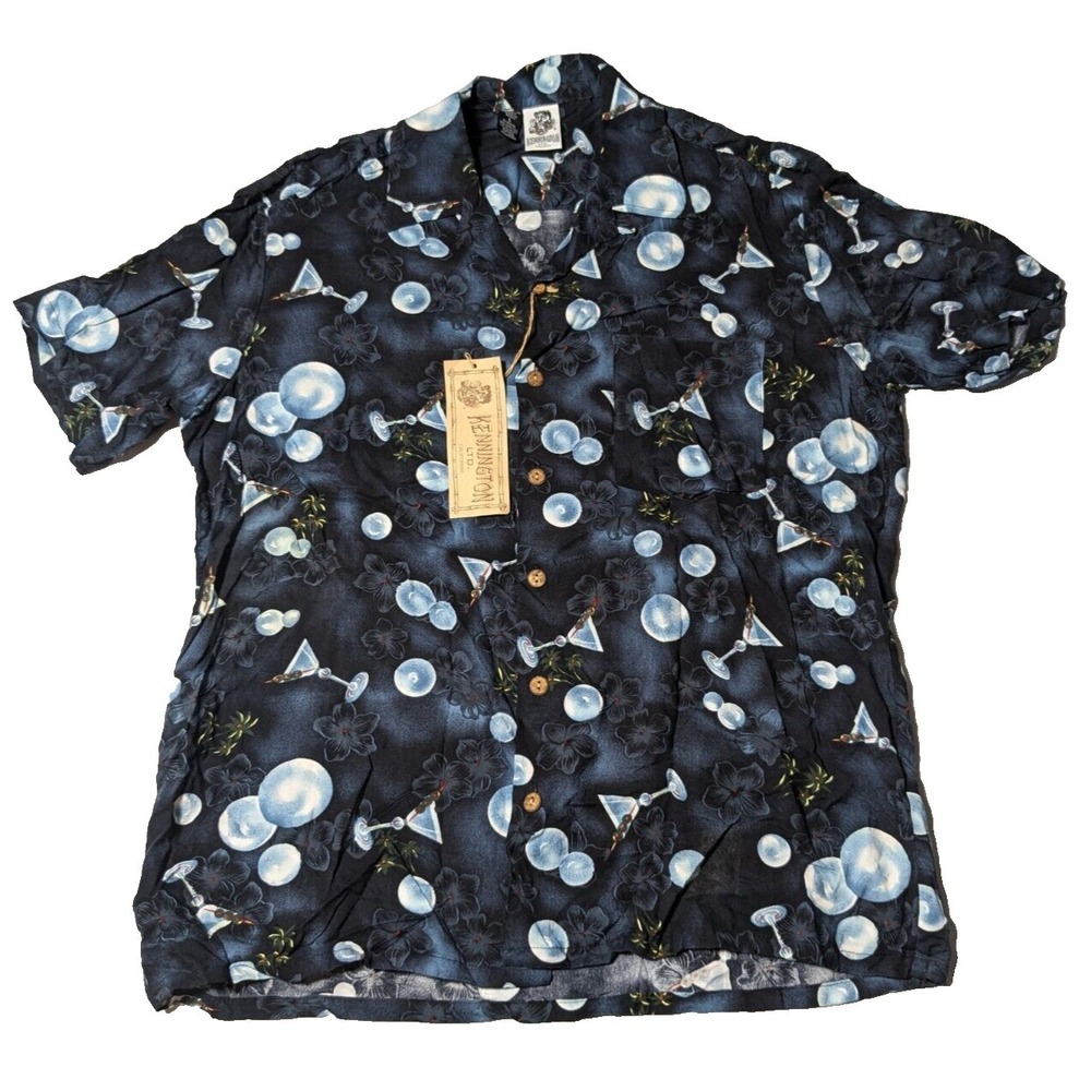 KENNINGTON‎ FLORAL MARTINIS AND BUBBLES AOP Men Large Blue Rayon Camp Shirt NEW